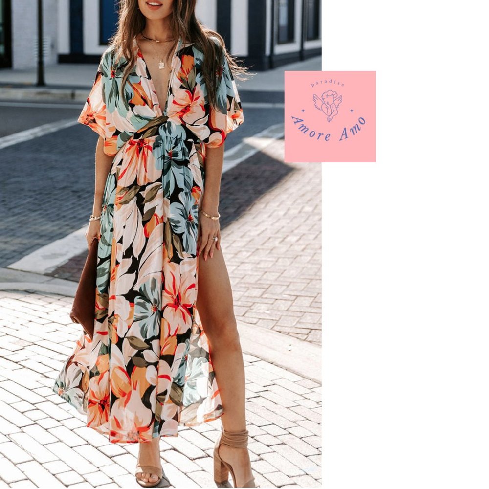 Kim K Dress 🌸 Kimono Bohemian Maxi Tunic Leg Slit Orange Pattern Dress - Picture 6 of 8